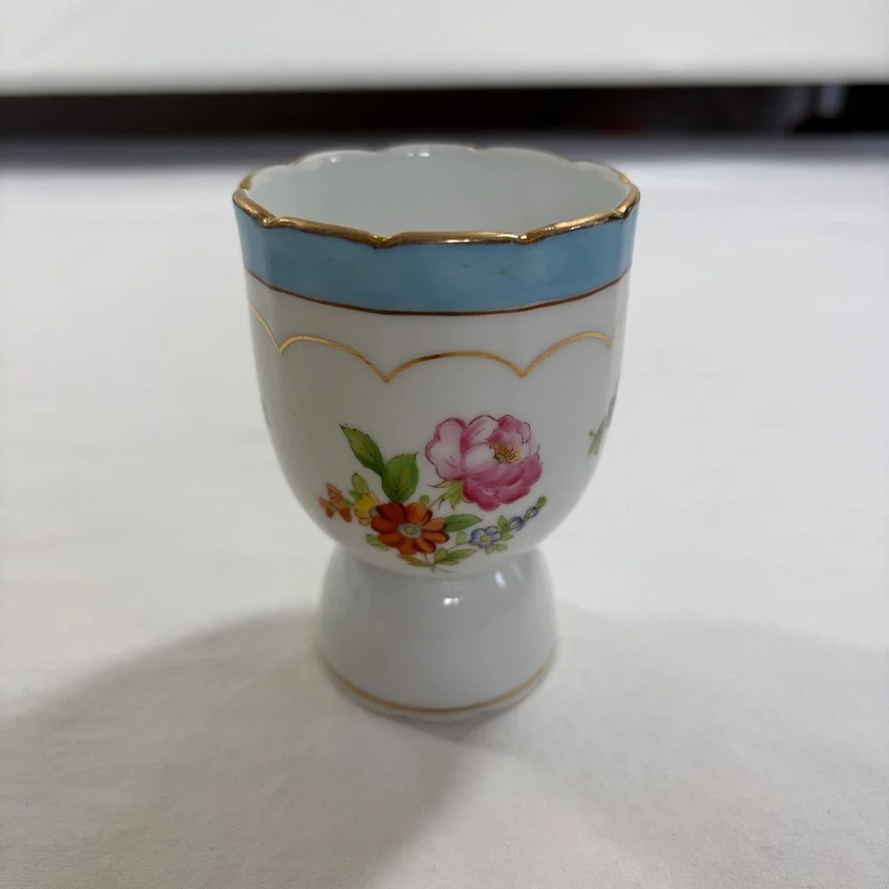 Vintage Noritake China Hand Painted Floral Creamer Sugar Egg Cup Set Blue Gold